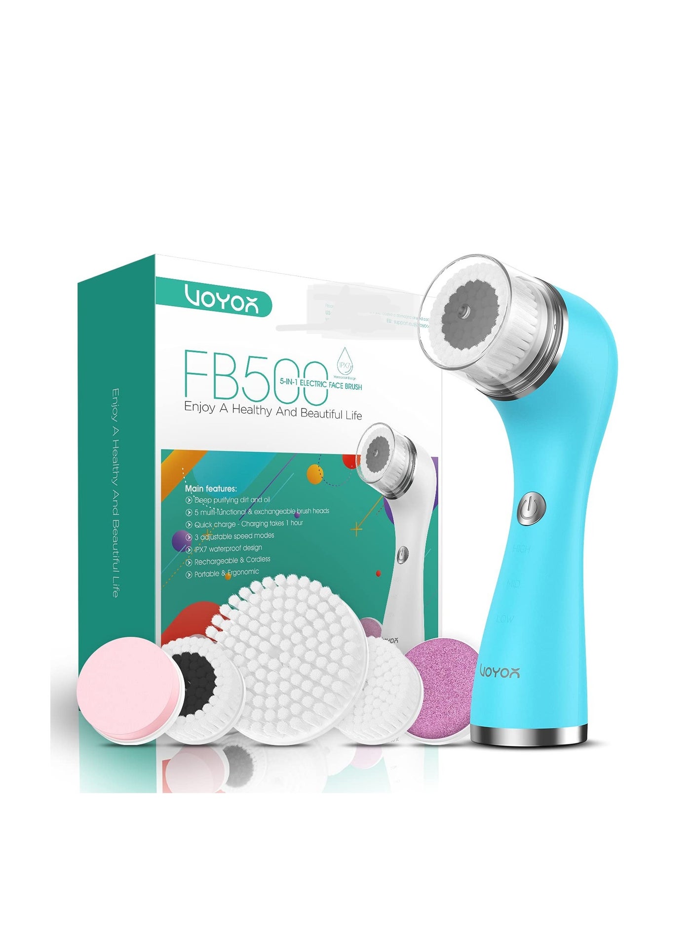 VOYOR Facial Cleansing Brush Rechargeable, Spin Face Brush Waterproof 5-in-1 Body Brush Set for Deep Skin Cleansing, Gentle Exfoliating and Massaging FB500 (Blue)