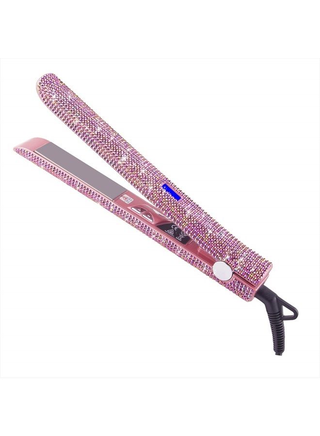 Professional Hair Straightener and Curler, DORISILK Titanium Flat Iron Rhinestone Straightening Iron, 2 in 1 Straightening Curling, Salon High Heat 470°F, Dual Voltage, Crystal Diamond Rose Pink