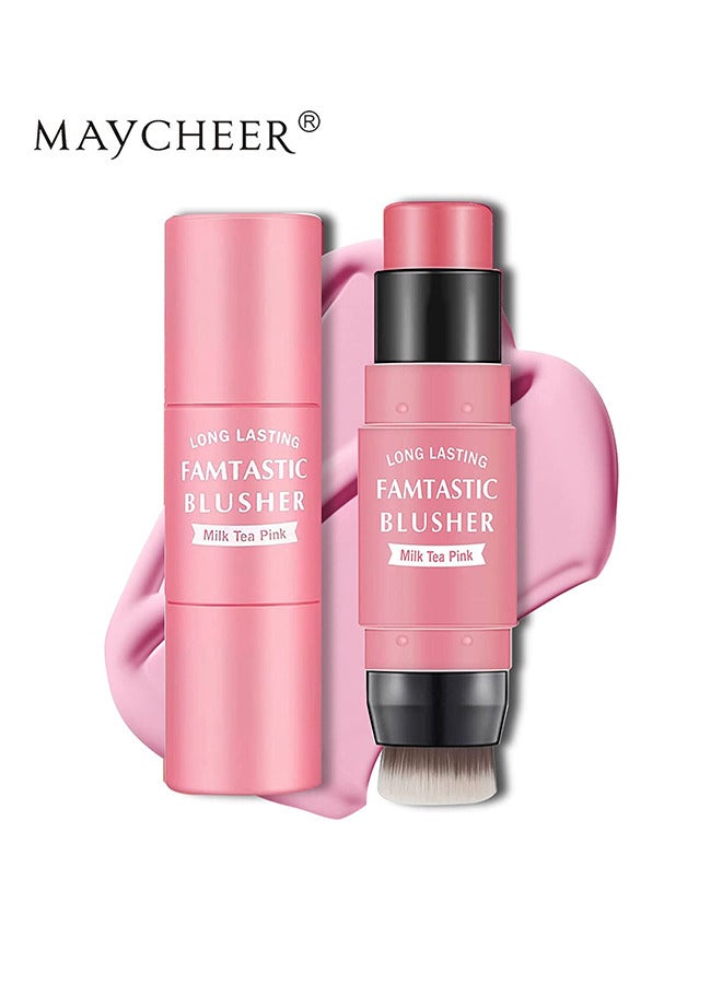 Cream Blush Stick with Brush, Waterproof Blush Makeup, Long Lasting 2 In 1 Cheek Blush & Lip Tint & Eye Shadow Makeup Stick, Cream Blush Makeup for All Skin Tones（Milk Tea Pink）