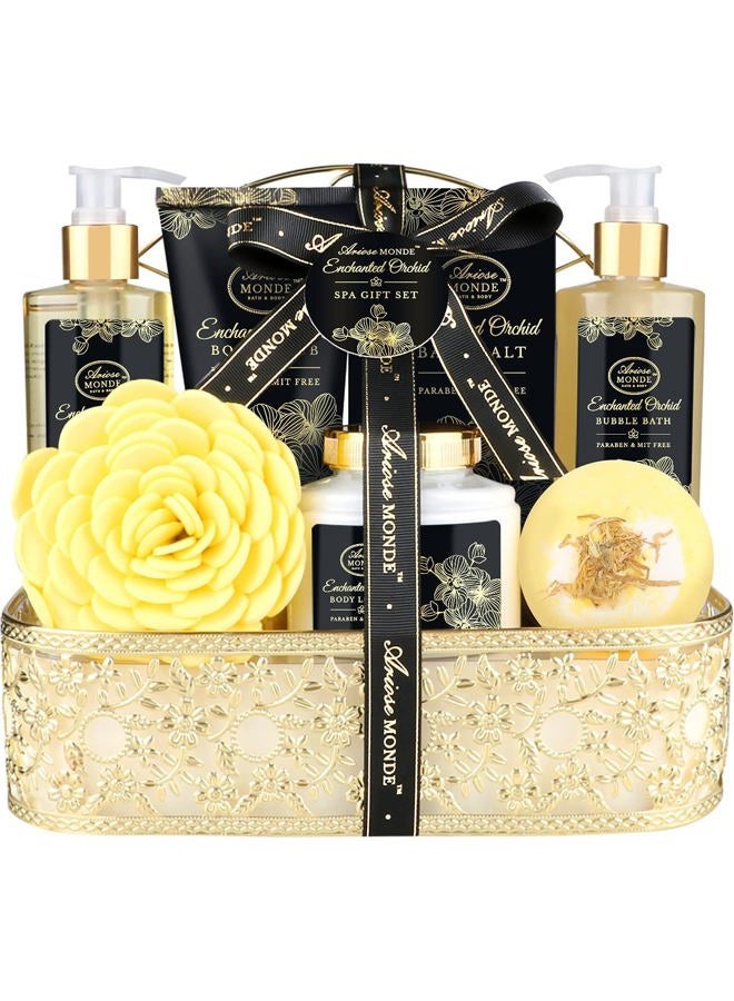 Spa Gifts for Women, Gift Set for Women Enchanted Orchid Scent, Home Spa Kit with Bubble Bath, Body Lotion, Bath Bomb, Bath Salt, Spa Gift Baskets for Women, Birthday Gifts for Women