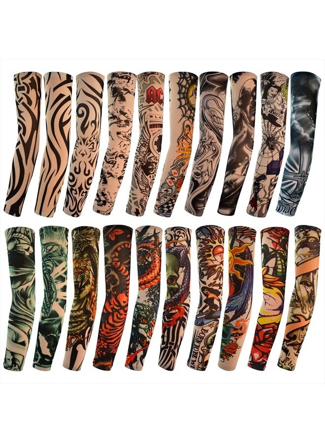 20pcs Temporary Tattoo Arm Sleeves Arts Fake Slip on Arm Sunscreen Sleeves Body Art Stockings Protector -Designs Tribal, Tiger, Dragon, Skull, and Etc Unisex Stretchable Cosplay Accessories