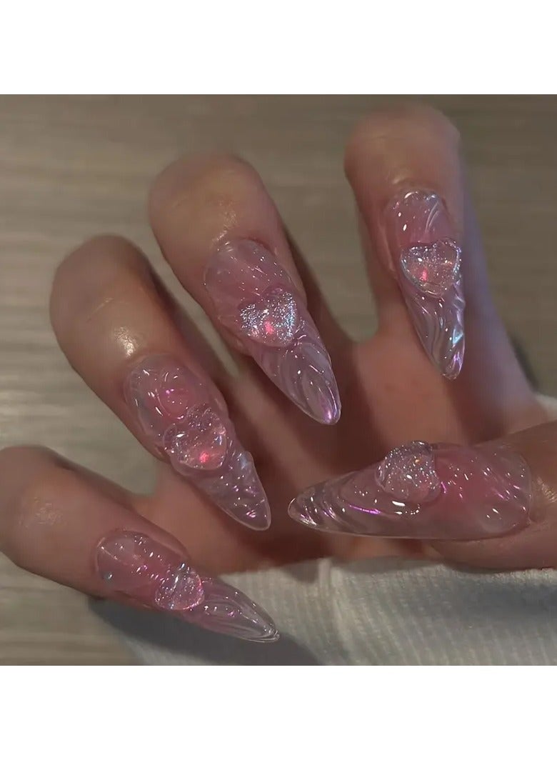 24pcs Glossy Medium Almond Fake Nails, Pink Press On Nails With 3D Ripple And Crystal Heart Design, Sweet False Nails For Women Girls - Daily Party Wear