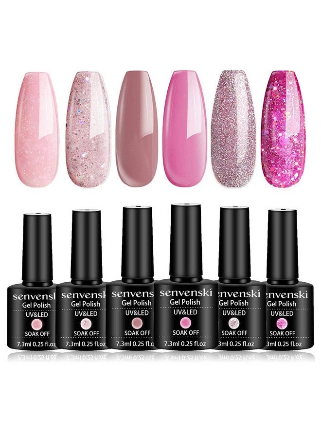 Senvenski Nude Pink Gel Nail Polish Kit - UV/LED Soak Off Nail Art Set with Light Pearl Rose Blush Nude Pink Glitter Colors | Manicure Gift Kit for Women, Professional Salon Home Use(CS6-001)