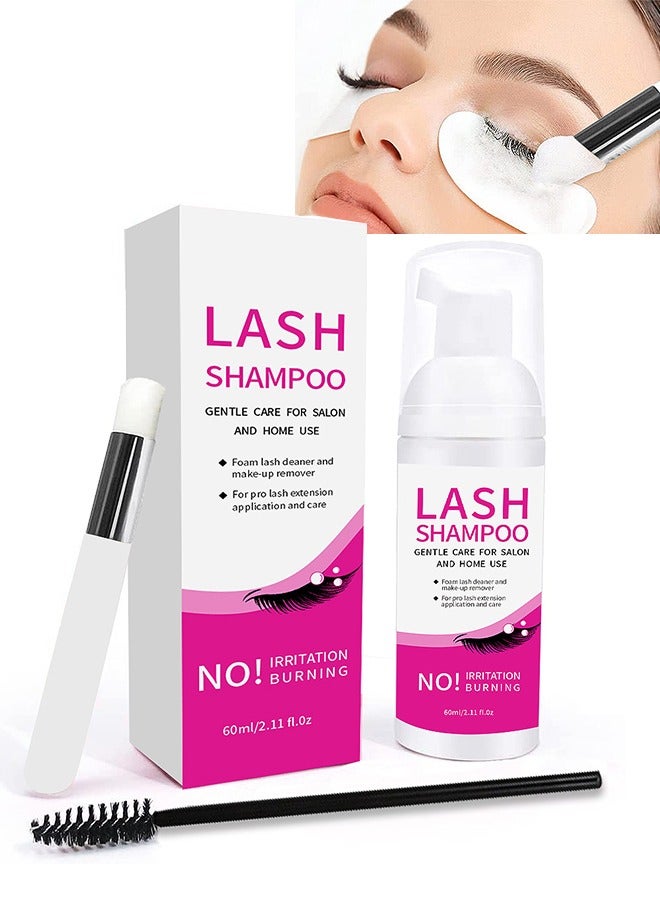 Lash Shampoo, Foam Lash Deaner and Make Up Remover, Lash Cleaning Kit, Mousse Eyelash Shampoo for Eyelash Extensions, Relieve Itching, Gentle Care for Salon and Home Use  (60ml+Brush+Mascara Wand)