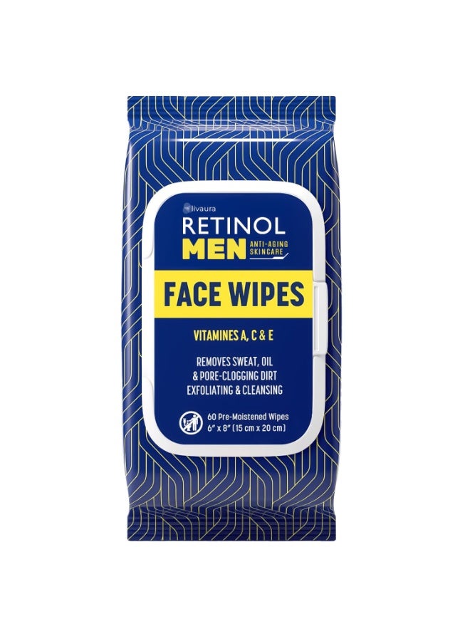 LIVAURA Retinol Men Facial Wipes Anti-Aging Cleansing Towelettes - Quickly cleanse face from sweat, oil and pore-clogging dirt without any heavy residue (60 Count (Pack of 1))