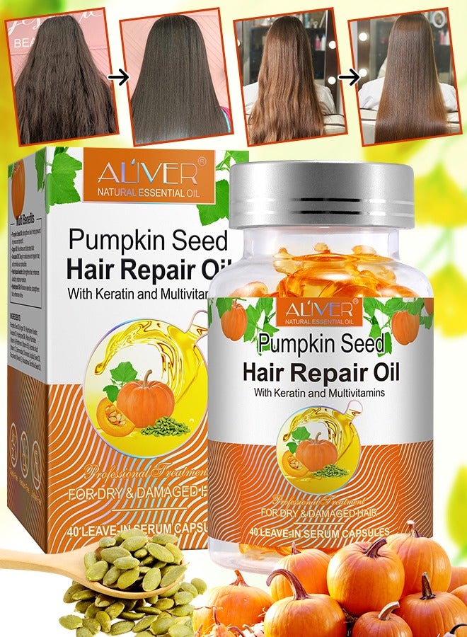 40 Pcs Pumpkin Seed Hair Repair Oil Capsules Organic Pumpkin Seed Oil with Keratin & Multivitamins Pumpkin Seed Hair Repair Oil Shines Nourishing Repair Dry & Damaged Hair Treatment Leave-In Serum
