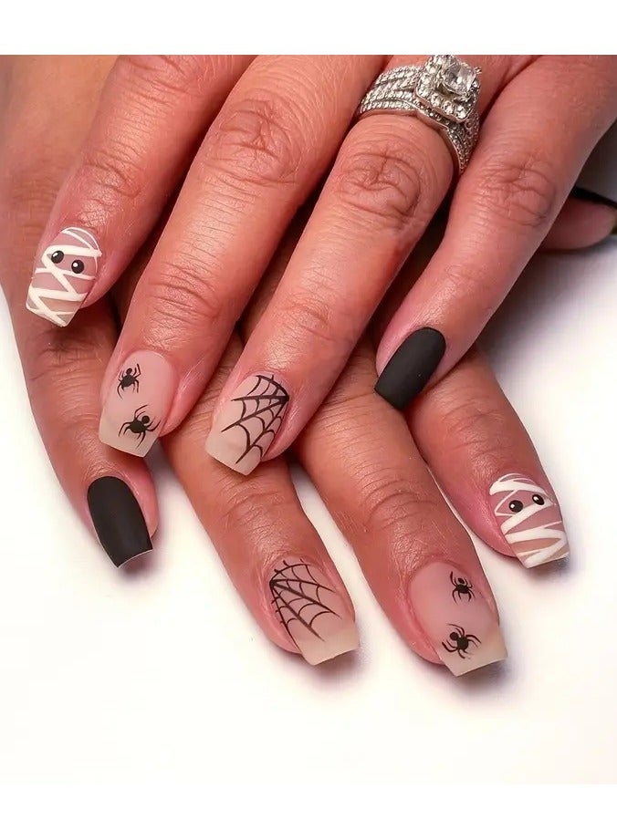 24pcs Matte Medium Square Nails, Nude Pink Press On Nails With Spider Web Mummy Design, Sweet Cool False Nails For Women