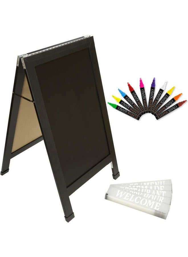 Excello Global Products Large Double-Sided 40x23 Heavy-Duty A-Frame Sidewalk Chalkboard Standing Sign, Includes 10 Chalk Markers, 40 Piece Stencil Set, Chalk and Eraser (Black)