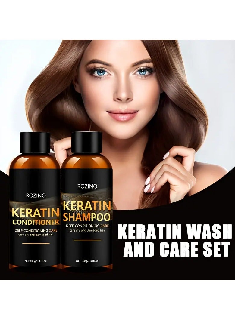 2pcs ROZINO Keratin Shampoo and Conditioner Set, Moisturizing Deep Conditioning Care for Normal Hair, Lotion Formula, Hydrating and Smoothing, Dual Cleanse and Nourishment