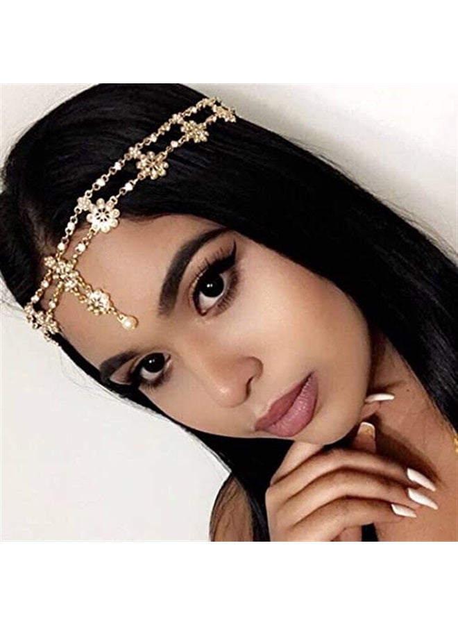 Hair Jewelry Head Chain Wedding Bohemian Floral Headband Elastic for Women and Girls… (Gold)