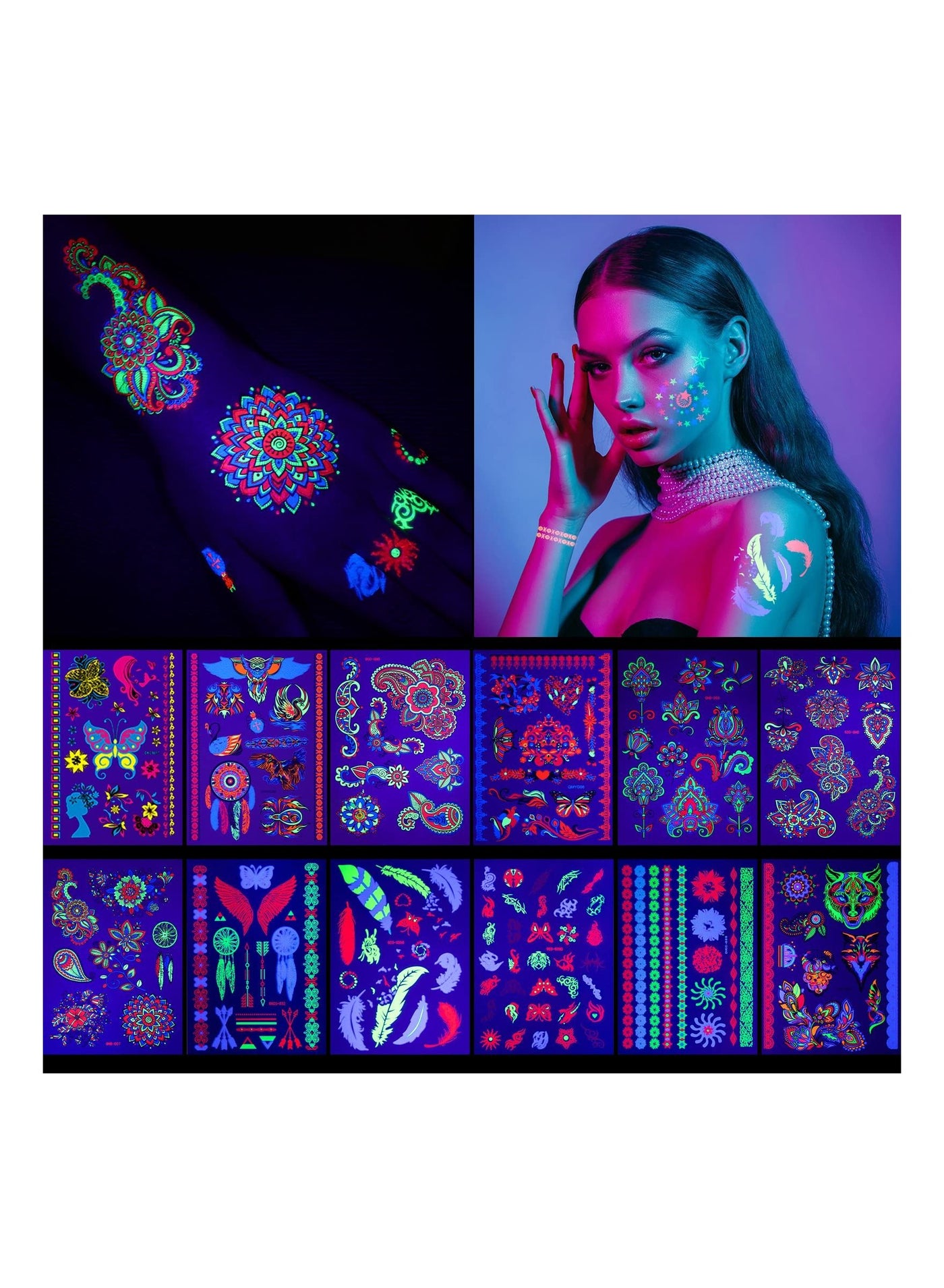 12 Sheets Temporary Tattoos, Dark Tattoo Neon Body Face Flowers Butterfly Flash Fake Waterproof UV Blacklight For Women Party Supplies