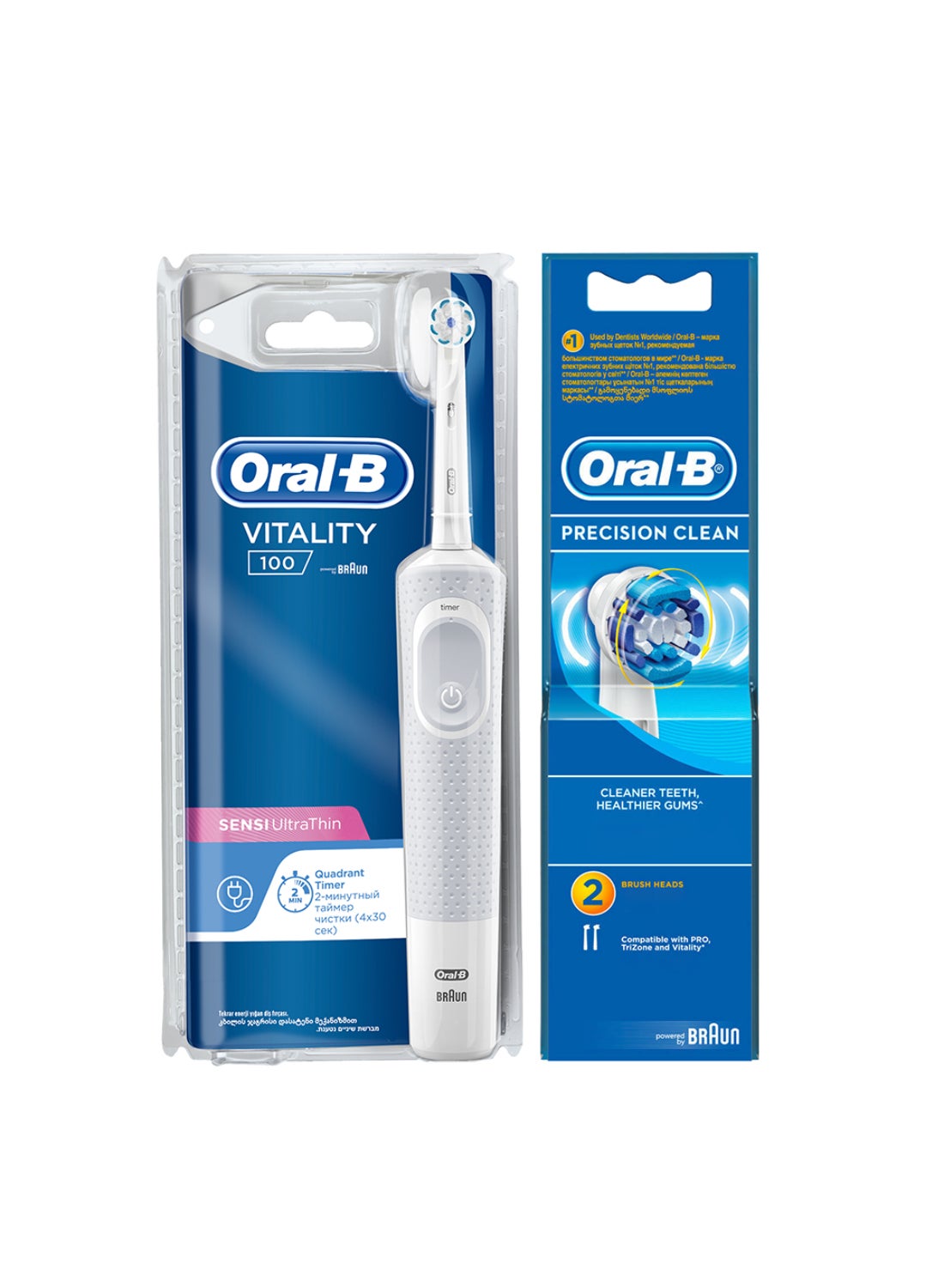 Oral B Vitality-100 Sensi Ultrathin Rechargeable Toothbrush (Clamshell) Built in 2 minute quadrant timer, 2 Brush Heads - D100.413.1 (CLS) + EB 20-2