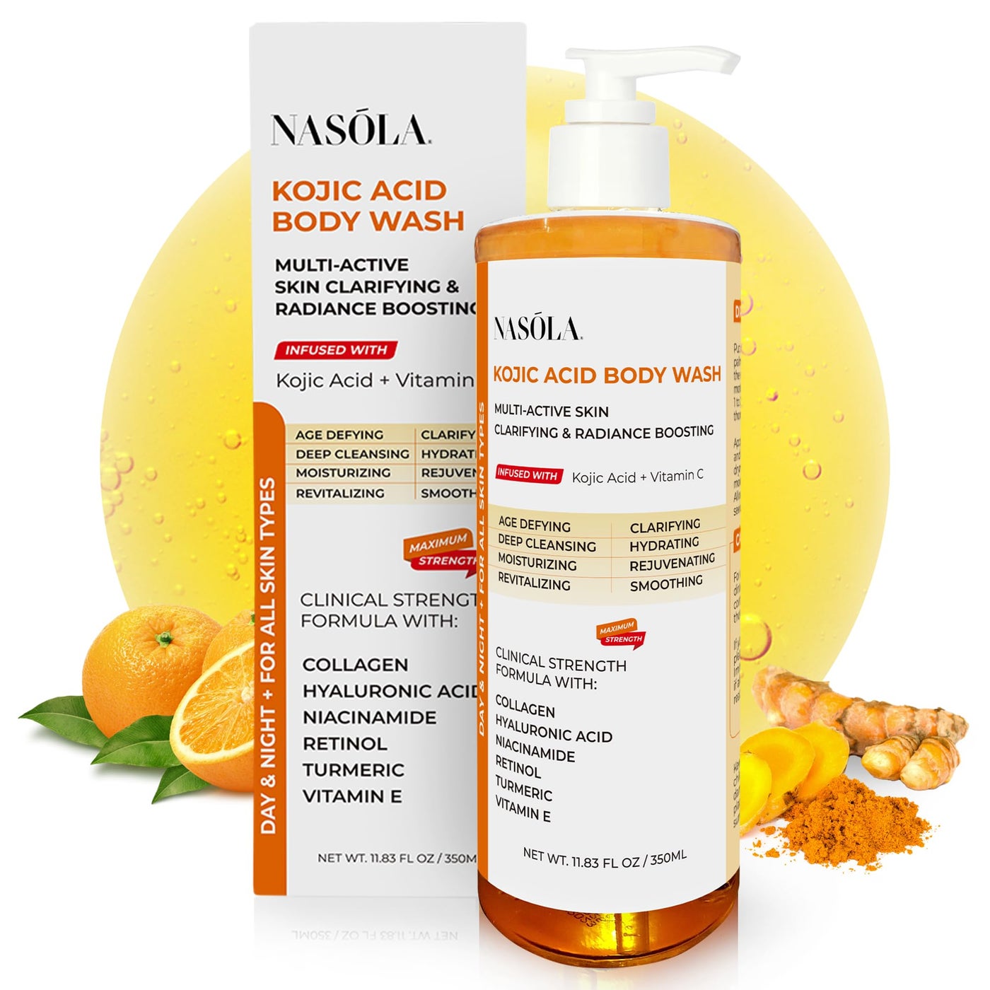 Nasola Kojic Acid Body Wash â€“ Turmeric & Vitamin C Brightening Cleanser, Moisturizing Exfoliating Shower Gel for Women & Men â€“ 11.8 fl oz