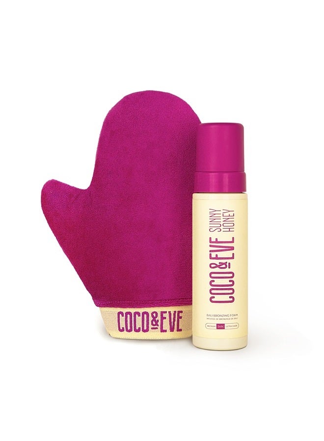 Self Tanner Mousse Kit - All Natural Sunless Tanning Mousse (Dark) | Instant Self Tanning Lotion with Bronzer & Self Tanning Mitt Applicator | Sunny Honey Bali Bronzing Kit