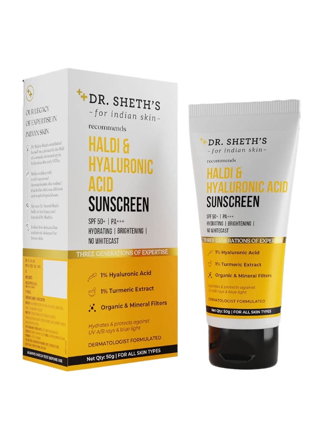 Haldi And Hyaluronic Acid Sunscreen - SPF 50+, PA+++, Hydrates Skin, 50 g