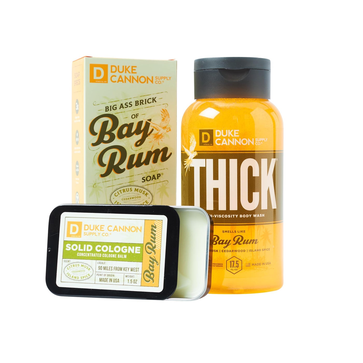 Duke Cannon Supply Co. Bay Rum Bender Bundle for Men - Thick High-Viscosity Body Wash, Big Brick of Soap Bar & Solid Cologne (Citrus Musk, Cedarwood, Island Spice Scent)