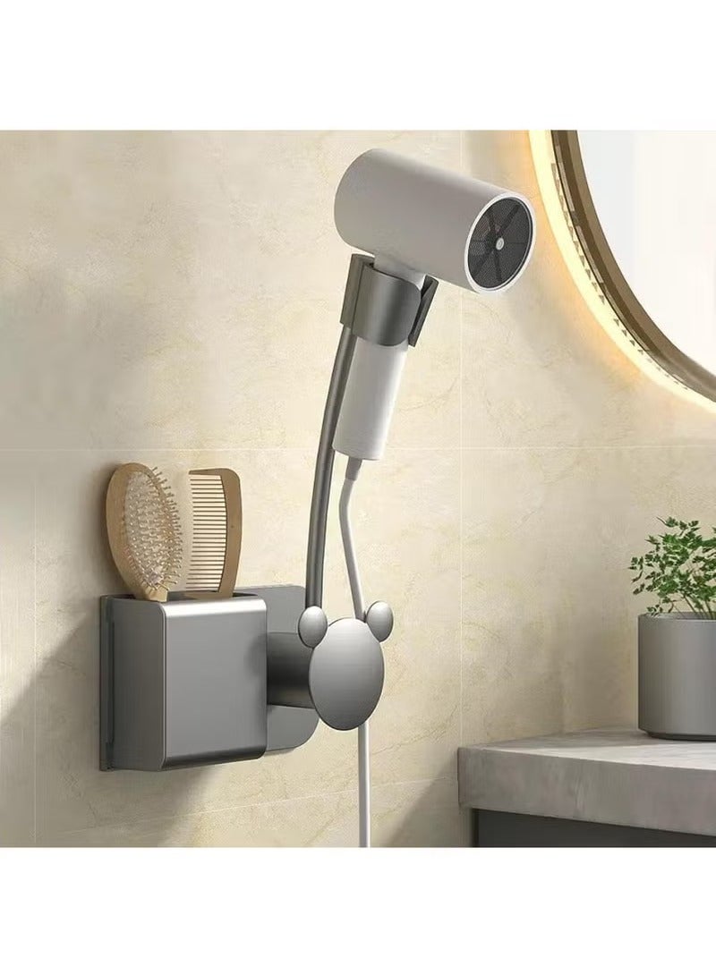 Hair Dryer Holder, 360° Rotating Wall Mounted, Hands-Free Blow Dryer Holder with Phone Holder and Hooks Wall Mount Bathroom Hot Tool Organizer Storage (Grey)