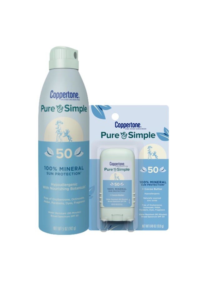 Pure and Simple Mineral Sunscreen Spray SPF 50 (5 Oz) + Sunscreen Stick SPF 50 (0.49 Oz) for Sensitive Skin with Zinc Oxide Protection, Hypoallergenic