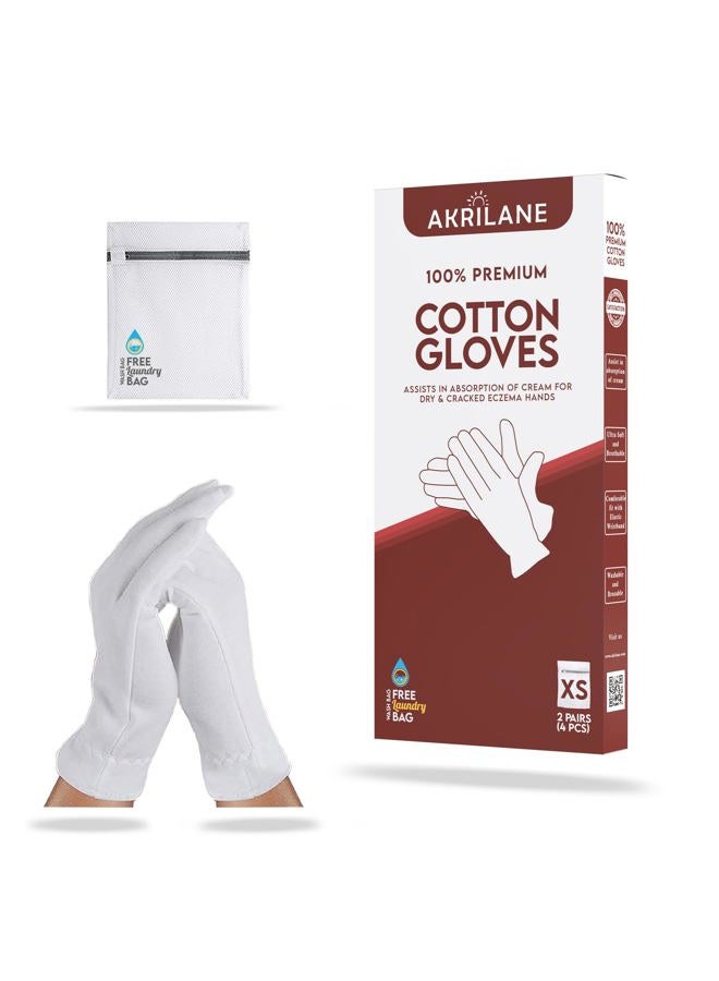 XS Extra Small 2 Pairs Cotton Moisturizing Gloves for Dry Hands | Eczema, Psoriasis & Skin Spa Treatment for Women & Men | Washable & Reusable with Free Laundry Bag