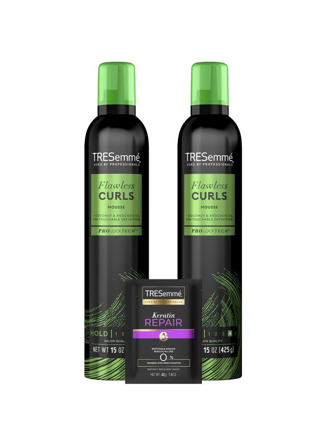 Flawless Curls Mousse 2-Pack + Keratin Repair Hair Mask – Coconut & Avocado Oils, Touchable Hold, Curl Definition, Frizz Control, Color-Safe, Paraben-Free