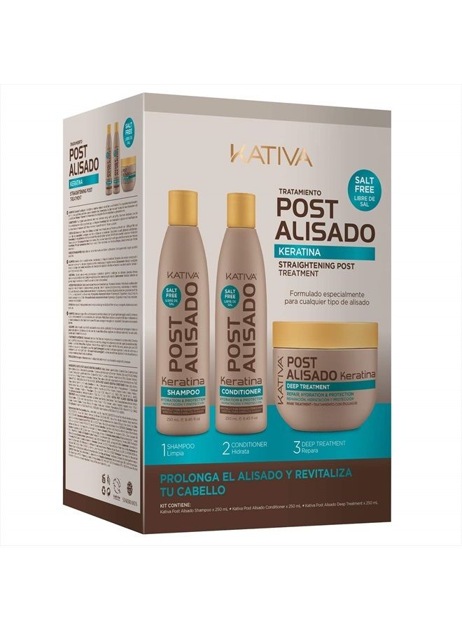 Tratamiento Post Alisado Keratina - Champú 250 ml, Acondicionador 250 ml y Mascarilla 250 ml - Kativa