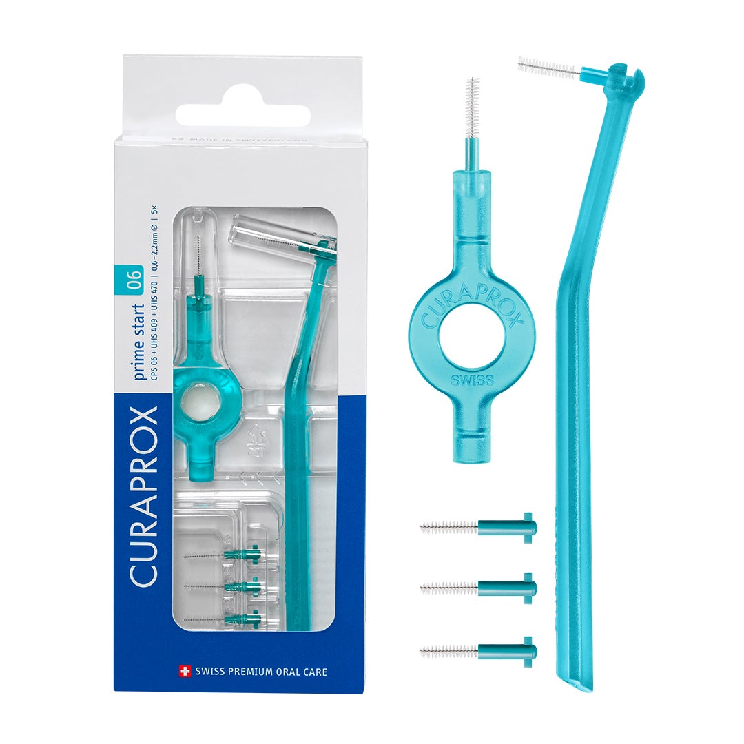 CPS Prime 06 Interdental Starter Set | 5 Ultra-Fine Brushes (0.6mm) with 2 Holders & Hygiene Caps | Deep Cleaning for Sensitive Gums, Turquoise