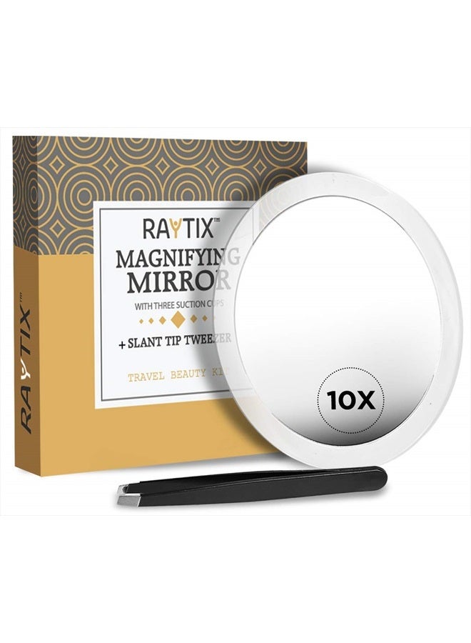 10X Magnifying Mirror & Slant Tweezers Set Makeup Application & Eyebrow Removal Essentials | Round Mirror With 3 Suction Cups & Stainless Steel Slant Tip Tweezer Use for Makeup Application 6 Inch