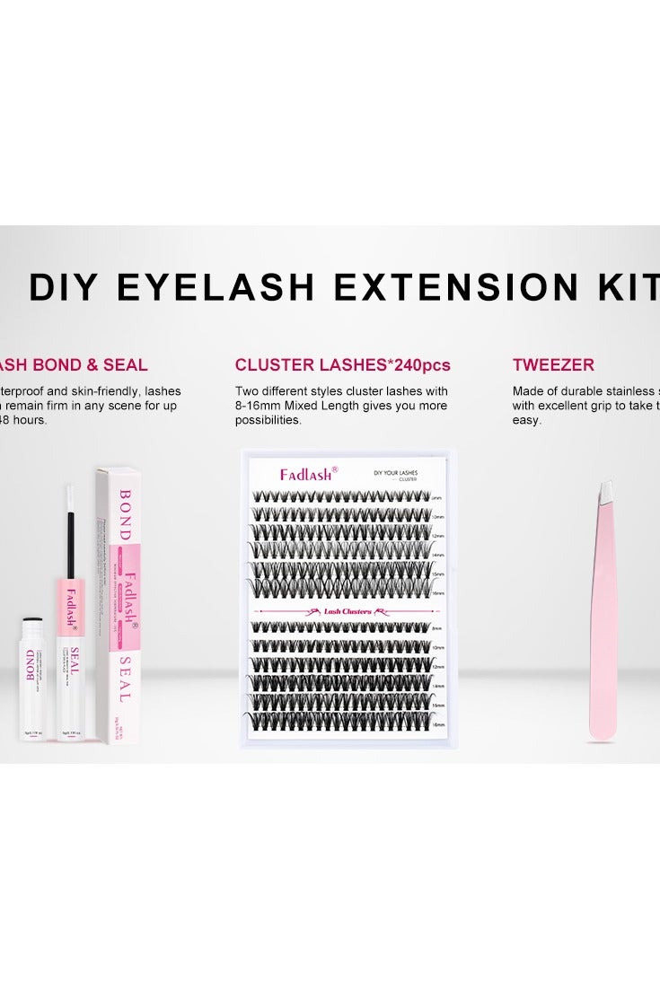 DIY Eyelash Extension Kit, Lash Clusters with Lash Bond and Seal, Clusters Eyelash Applicator Tool, D Curl DIY Lash Kit (30D+40D Kit)