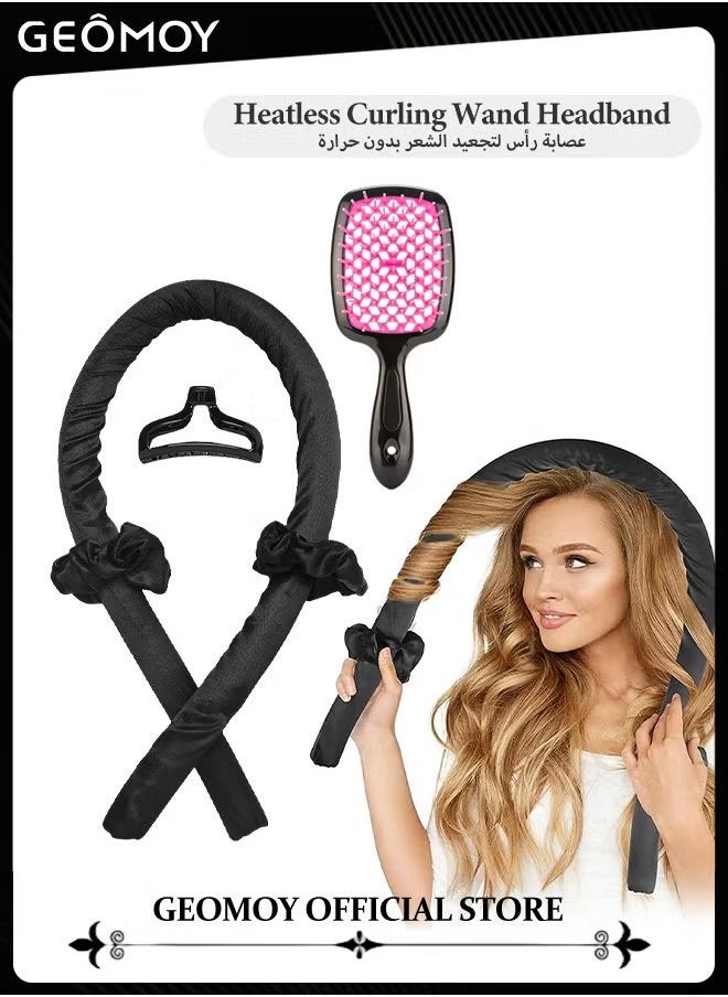 Hair Curling Kit with Free Hollow out Massage Styling Comb Heatless Curling Rod Headband Lazy Hair Curler No Heat Silk Curlers SoftCurling Ribbon and Rods for Natural Wave Hair