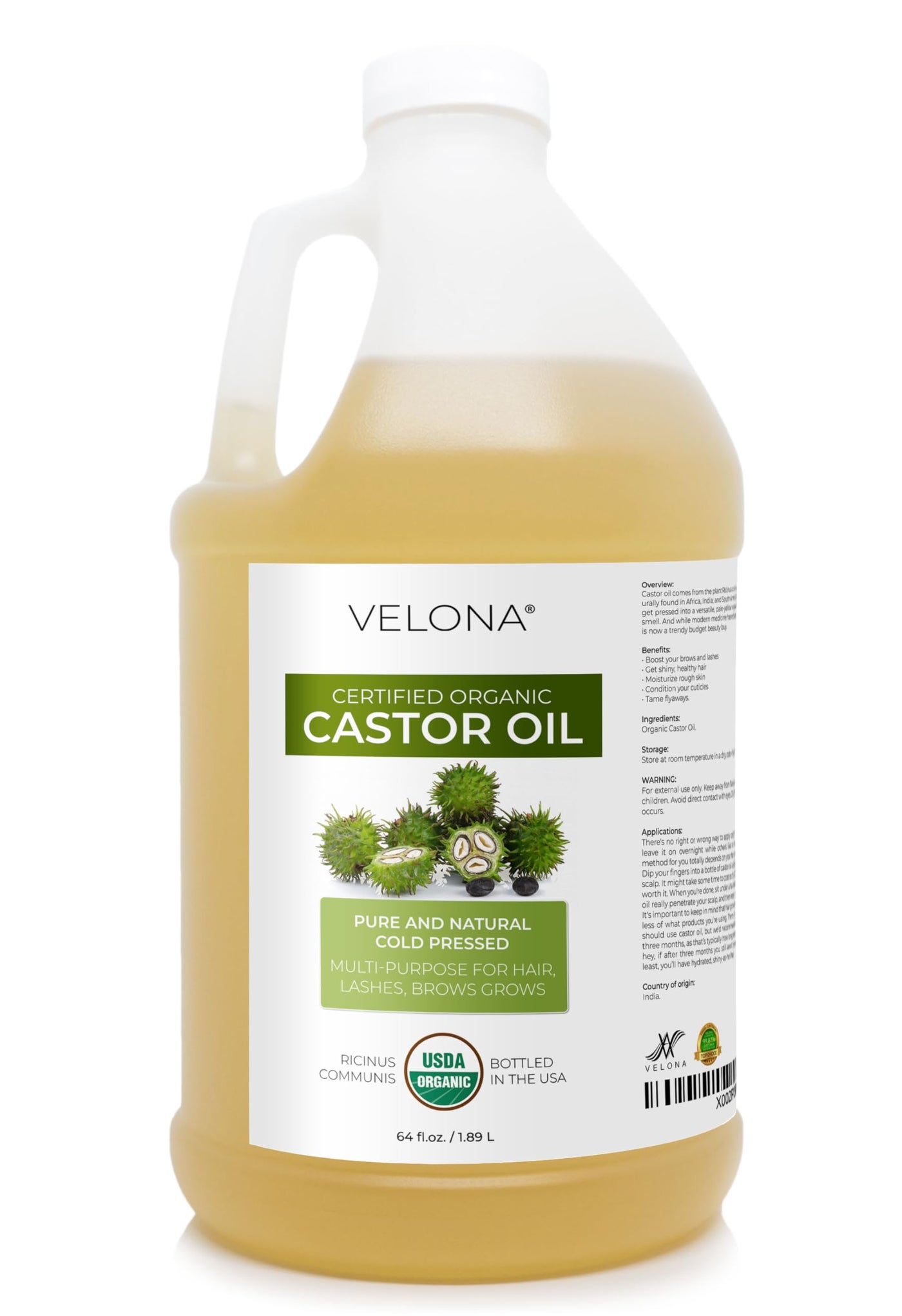velona USDA Certified Organic Castor Oil - 64 fl oz | For Hair, Boost Eyelashes, Eyebrows | Cold pressed, Natural Oil, USP Grade | Hexane Free