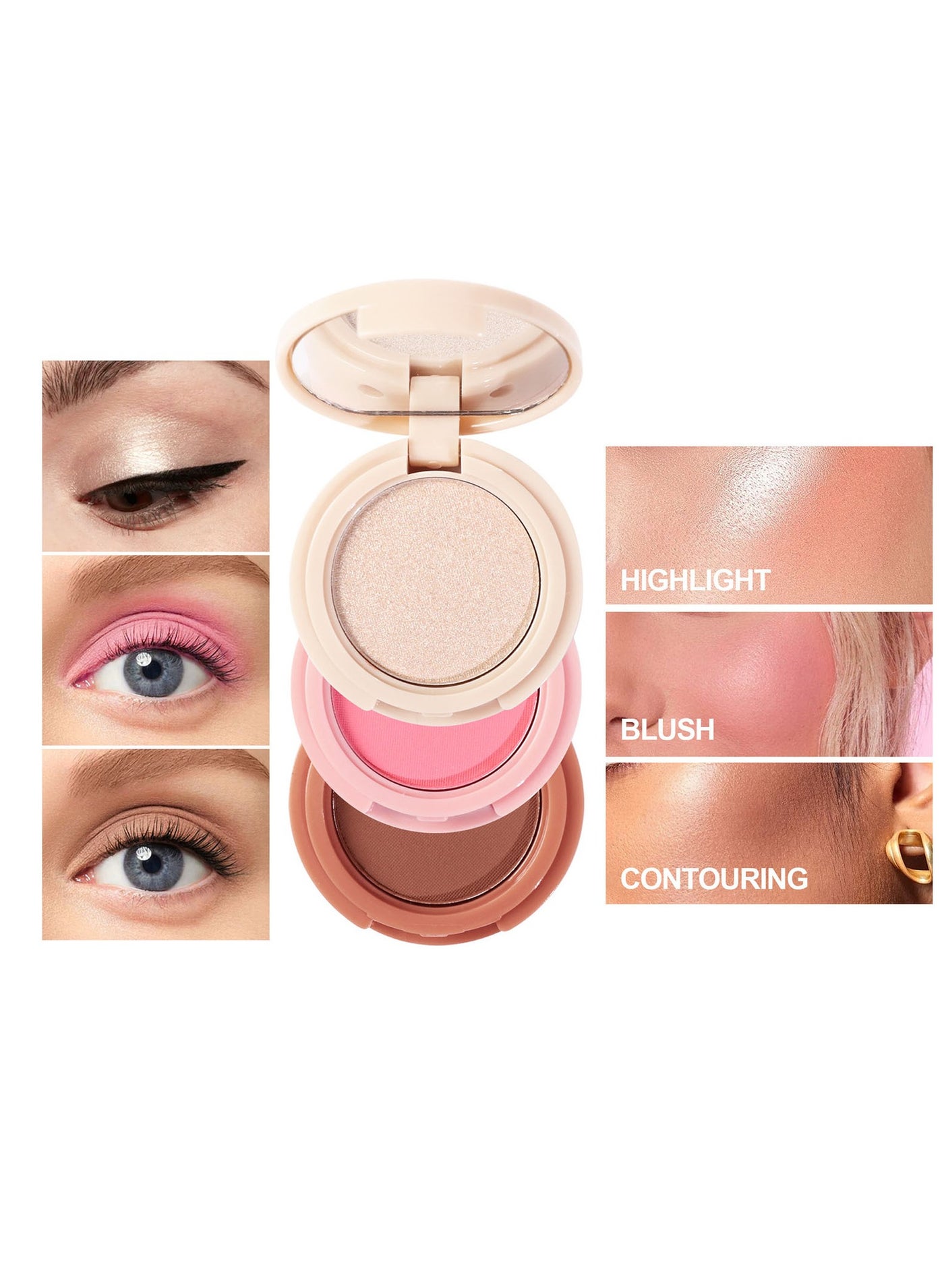 3 In 1 Highlight Brush Contouring Powder Cheek For Face Blush Bronzer Palette Long-Lasting, Ultra-Thin, Natural And Bright Color Cushion Applicator Blendable Natural Makeup Face Blush